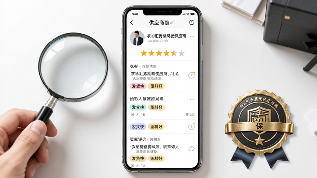 衣衫汇男装网批供应商评价页面截图风格图,画面主体为手机屏幕,屏幕内显示供应商店铺头像、五星评分条、买家文字评价列表,评价内容包含“发货快”“面料好”等标签,手机旁边放着一个手持放大镜和一块质保徽章,布局居中,风格写实,细节丰富,画质干净无多余元素。