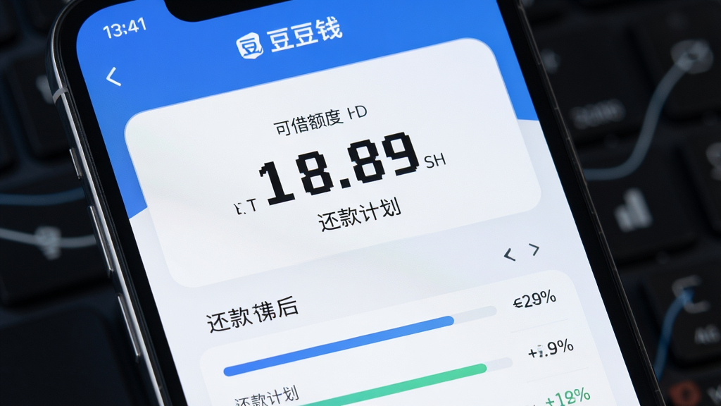 豆豆钱 借款额度界面,手机屏幕显示可借额度数字和还款计划表,画面主体为手机特写,布局居中,风格金融科技感,细节有清晰的数字和进度条,画质高清,无多余元素