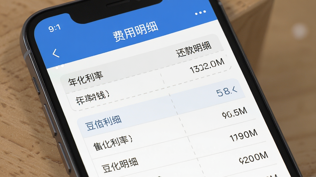豆豆钱 费用明细界面,手机屏幕展示年化利率和还款明细列表,画面主体为手机界面截图风格,布局清晰,风格简洁商务,细节有清晰的数字和表格线条,画质干净,无多余元素