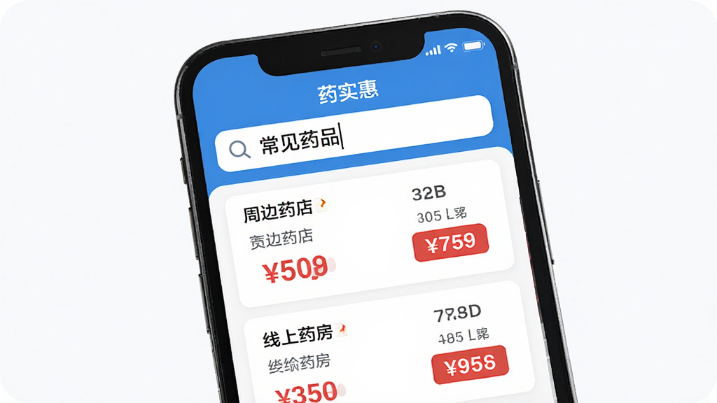 手机屏幕展示药实惠App首页界面,顶部搜索框输入常见药品名称,下方列出周边药店和线上药房的价格对比列表,价格数字用红色标签突出,整体布局清晰,蓝白配色,扁平化设计,画面干净无多余元素,画质高清,文字清晰可辨,包含药实惠字样