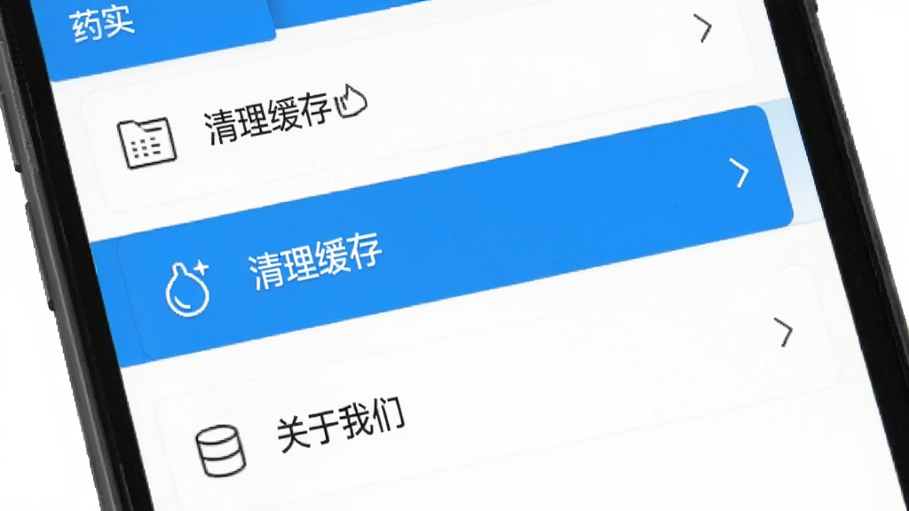 药实惠App设置页面截图风格,手机屏幕显示权限管理、清理缓存、关于我们等选项列表,其中“清理缓存”被高亮选中,界面简洁,图标线性风格,背景白色,文字清晰,整体干净无多余元素,包含药实惠字样