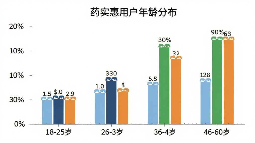 柱状图展示药实惠用户年龄分布,横轴为年龄段18-25岁、26-35岁、36-45岁、46-60岁,纵轴为用户占比百分比,柱体颜色分别为浅蓝、深蓝、绿色、橙色,图表标题为“药实惠用户年龄分布”,背景白色,风格简洁现代,数据标签清晰,画质干净无多余元素