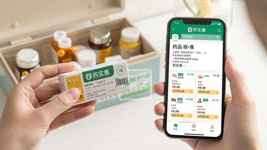 一只手拿着药盒,另一只手拿手机打开药实惠App扫描药盒条形码,手机屏幕显示药品详细信息和多个药店报价,背景是家庭药箱场景,光线明亮,画面温馨,风格写实,画质清晰,文字可辨识,包含药实惠字样