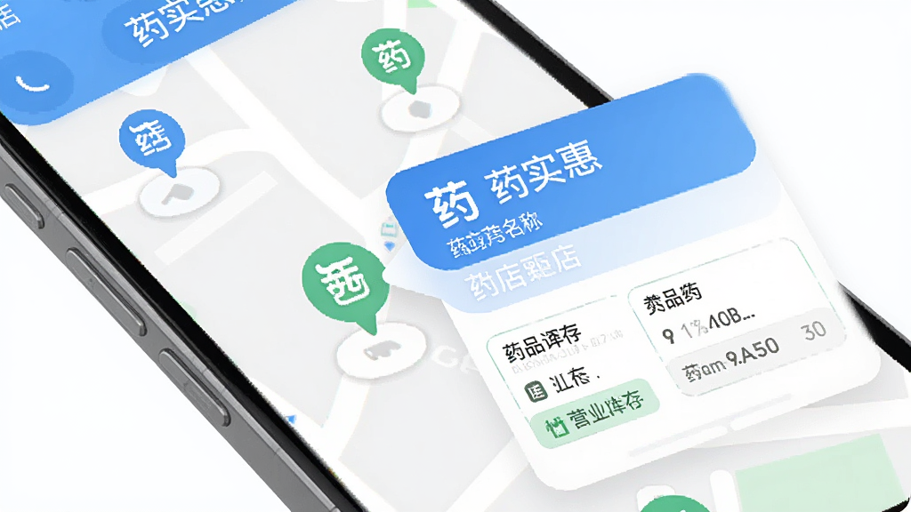 药实惠App附近药店功能界面,手机地图上显示多个药店图标,点击其中一个弹出药店详情卡片,包含药店名称、距离、营业状态和药品库存信息,界面以蓝白绿为主色调,图标圆润,布局清晰,风格现代扁平,画质干净无多余元素,包含药实惠字样