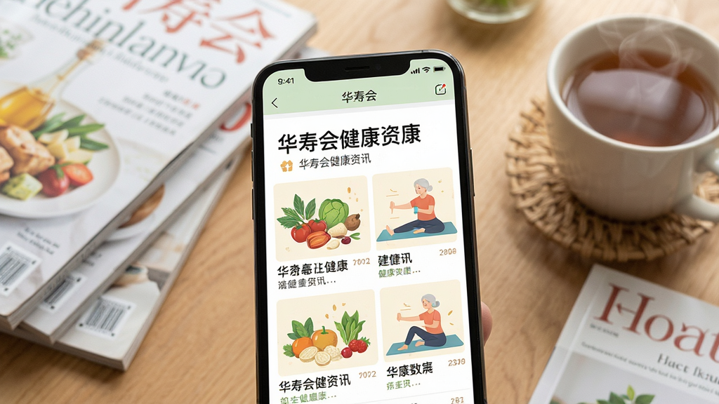 一张展示华寿会健康资讯页面的图片,画面主体是手机屏幕特写,屏幕上显示华寿会APP的健康资讯列表,标题文字大而清晰,配图是养生食材和运动场景的插画,手机周围散落着几本健康杂志和一杯热茶,风格温馨自然,画质干净,无多余元素