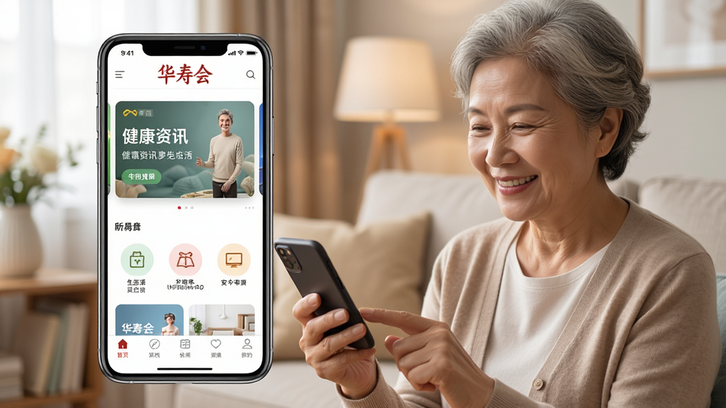 一张展示华寿会手机应用主界面的图片,画面中央是一台智能手机,屏幕上显示华寿会APP的首页,顶部有华寿会的文字标识,页面布局包含大字体健康资讯卡片、生活服务图标和底部导航栏,背景是温馨的家庭客厅场景,一位中老年用户正微笑看着手机屏幕,整体风格温暖明亮,画质清晰,无多余元素