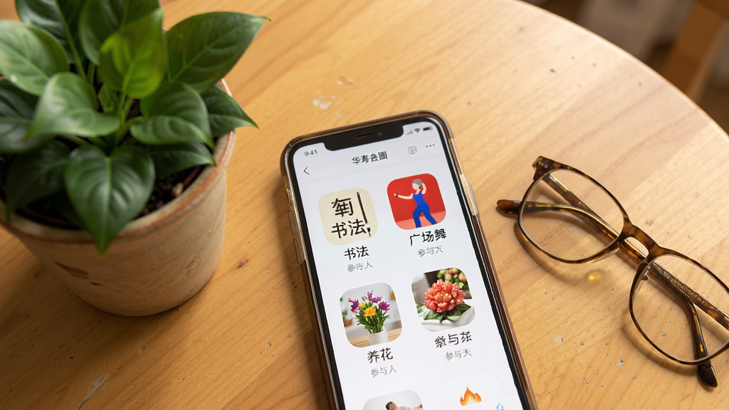 一张展示华寿会兴趣圈子页面的图片,画面中手机屏幕显示华寿会APP的圈子界面,可以看到书法、广场舞、养花等群组图标,每个图标下方有群组名称和参与人数,手机旁边放着一盆绿植和一副老花镜,背景是暖色调的桌面,风格亲切自然,画质清晰,无多余元素