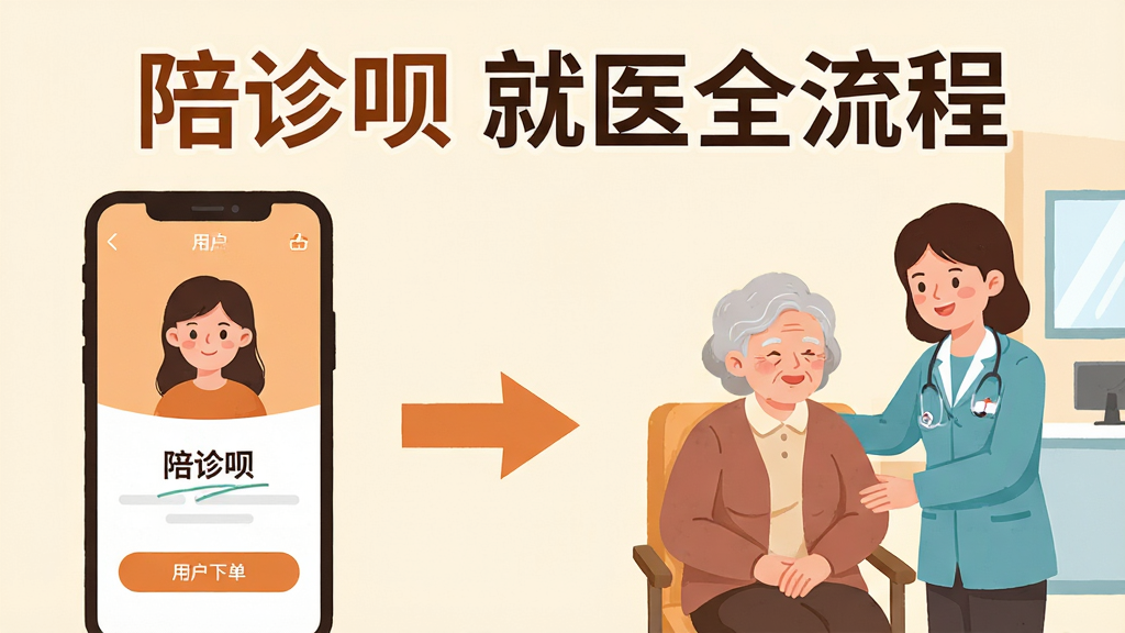 һ��չʾ����������̵�ʾ��ͼ������������û��µ��ֻ����棬�м��ü�ͷ�������Ҳ������ʦ��ҽԺ��ͬ���˵ĳ�����ͼƬ�Ϸ�����Ŀ�����ֱ�ע�������� ��ҽȫ���̡���������ò廭�����ɫ��ů�������������У����ʸɾ����޶���Ԫ��