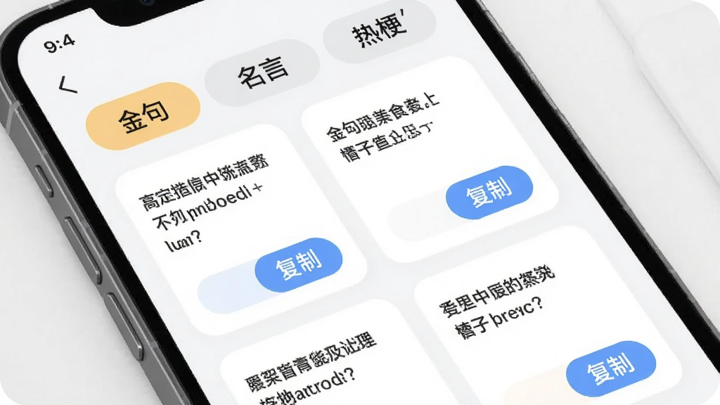 写稿帮手软件素材灵感库界面的展示,手机屏幕内显示分类标签如金句、名言、热梗,下方是卡片式素材列表,每张卡片有文字摘要和复制按钮,布局整齐,风格清新,细节圆润,画质干净,无多余元素