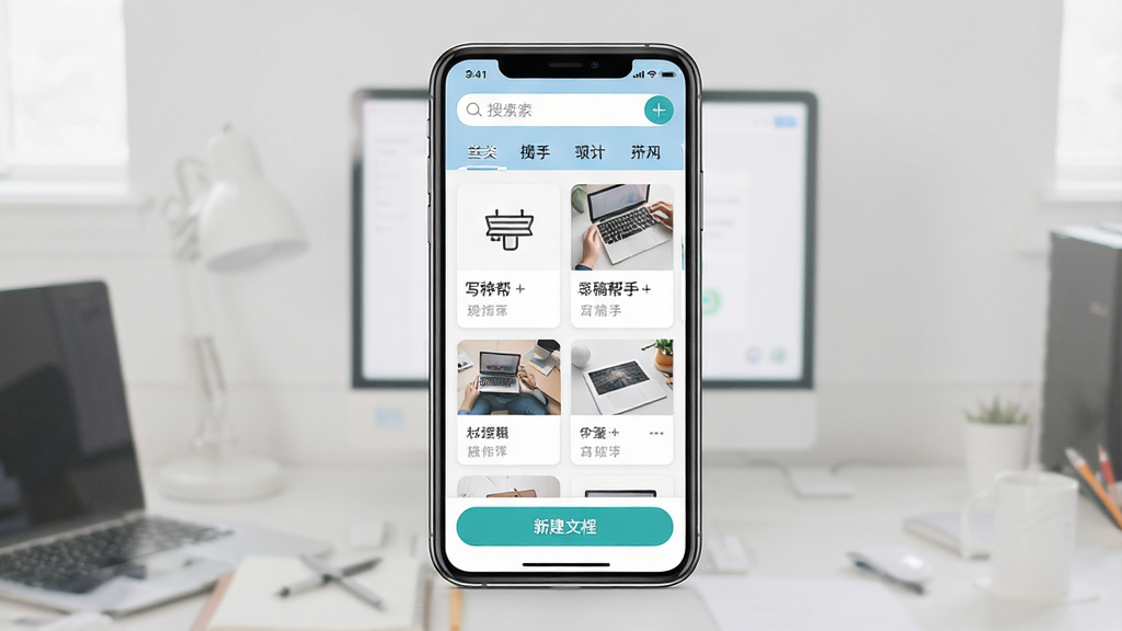 一张展示写稿帮手软件核心全貌的界面截图,画面中央是手机屏幕,屏幕内显示写稿帮手应用主界面,顶部有搜索栏和分类标签,中间是卡片式写作模板列表,底部有新建文档按钮,整体布局简洁清爽,风格现代扁平化,画质干净清晰,无多余元素