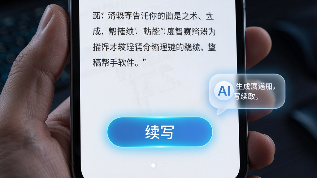 写稿帮手软件界面中智能续写功能的高亮展示,画面主体为手机屏幕特写,屏幕内显示一段未写完的文字,下方有一个发光的续写按钮,按钮旁有AI生成的文字气泡,布局居中排版,风格科技感十足,细节精致,画质干净,无多余元素