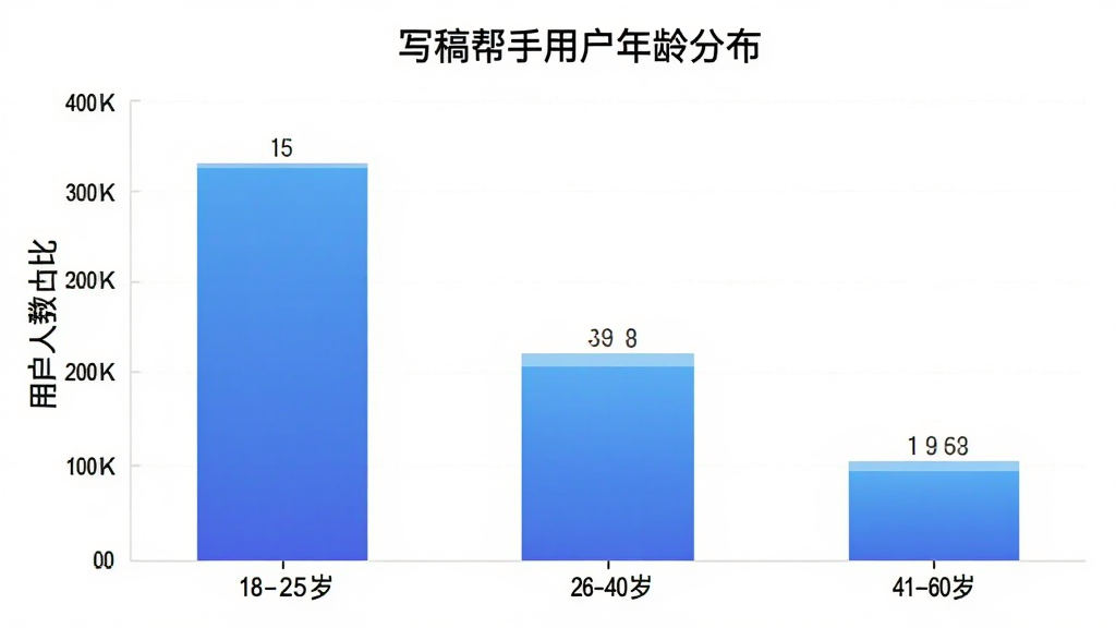 写稿帮手用户年龄分布柱状图,横轴为年龄段18-25岁、26-40岁、41-60岁,纵轴为用户人数占比,柱状图颜色为蓝色渐变,图表标题为写稿帮手用户年龄分布,布局居中,风格简洁数据可视化,细节清晰,画质干净,无多余元素