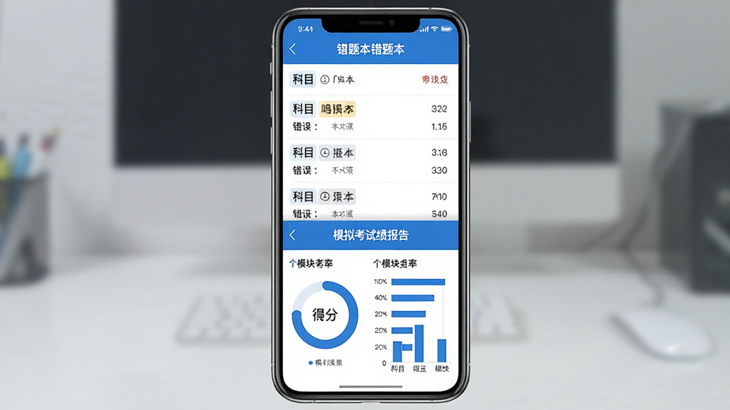 一张展示注册计量师鸣题库错题本和模拟考试功能的图片,画面中央是一部智能手机,屏幕内分上下两部分,上半部分显示错题本列表界面,每道错题标注了科目和错误次数,下半部分显示模拟考试成绩报告,有环形得分图和各个模块的得分率柱状图,整体风格简洁专业,蓝白配色,画质干净无多余元素