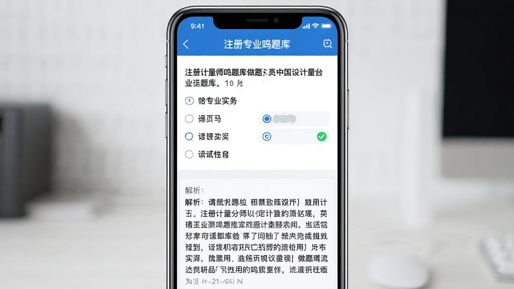 一张展示注册计量师鸣题库做题界面的图片,画面中央是一部智能手机,屏幕内显示一道计量专业实务的选择题,题干下方有四个选项,其中一个选项被选中并显示绿色对勾,屏幕下半部分显示详细的文字解析区域,解析文字清晰可读,整体界面风格干净整洁,蓝白配色,画质清晰无多余元素