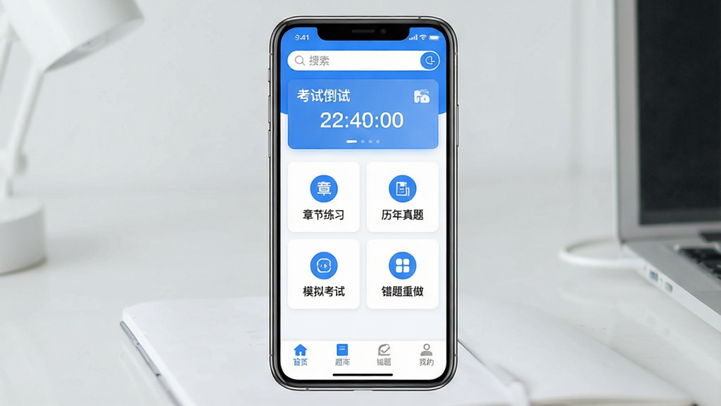 一张展示注册计量师鸣题库手机应用主界面的图片,画面中央是一部竖屏智能手机,屏幕内显示注册计量师鸣题库的首页,顶部有搜索栏和考试倒计时卡片,中间是章节练习、历年真题、模拟考试、错题重做四个功能入口图标,底部导航栏显示首页、题库、错题、我的四个选项,整体布局清晰,风格简洁现代,蓝白配色,画质干净无多余元素