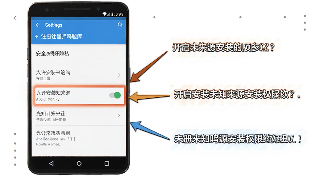 一张展示注册计量师鸣题库在手机设置中开启未知来源安装权限的示意图,画面中一部安卓手机显示设置界面的安全和隐私页面,高亮标注了允许安装未知来源应用开关的位置,旁边用箭头和文字标注了操作步骤,整体风格清晰直观,适合新手参考,画质干净无多余元素
