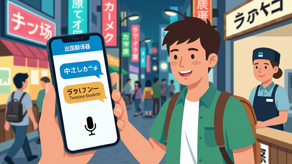 一位年轻旅行者站在东京街头,手持手机打开“出国翻译器”应用,手机屏幕显示中英日三语对话气泡,背景是霓虹灯闪烁的店铺招牌和来往行人,旅行者表情轻松自然,正在与一位日本店员交流,画面采用明亮清新的扁平化插画风格,色彩丰富但干净,重点突出手机屏幕上的翻译界面和麦克风图标,无多余杂乱元素,画质细腻