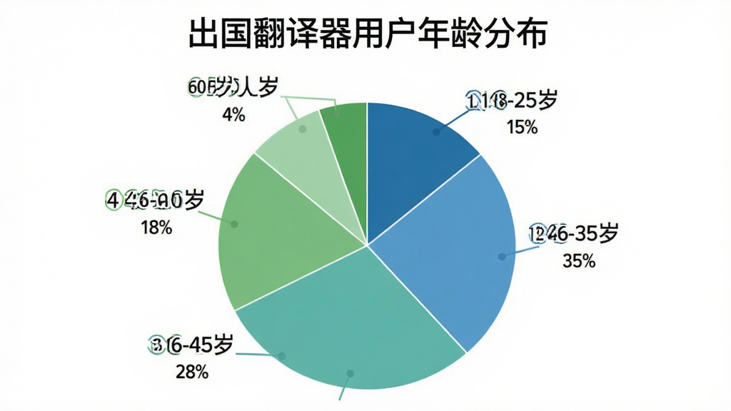 一个饼状图,标题为“出国翻译器用户年龄分布”,饼图分为五个扇形区域,分别标注“18-25岁 15%”“26-35岁 35%”“36-45岁 28%”“46-60岁 18%”“60岁以上 4%”,每个扇形用不同深浅的蓝色和绿色区分,图表背景为白色,字体清晰,风格简洁现代,无多余装饰元素,画质干净