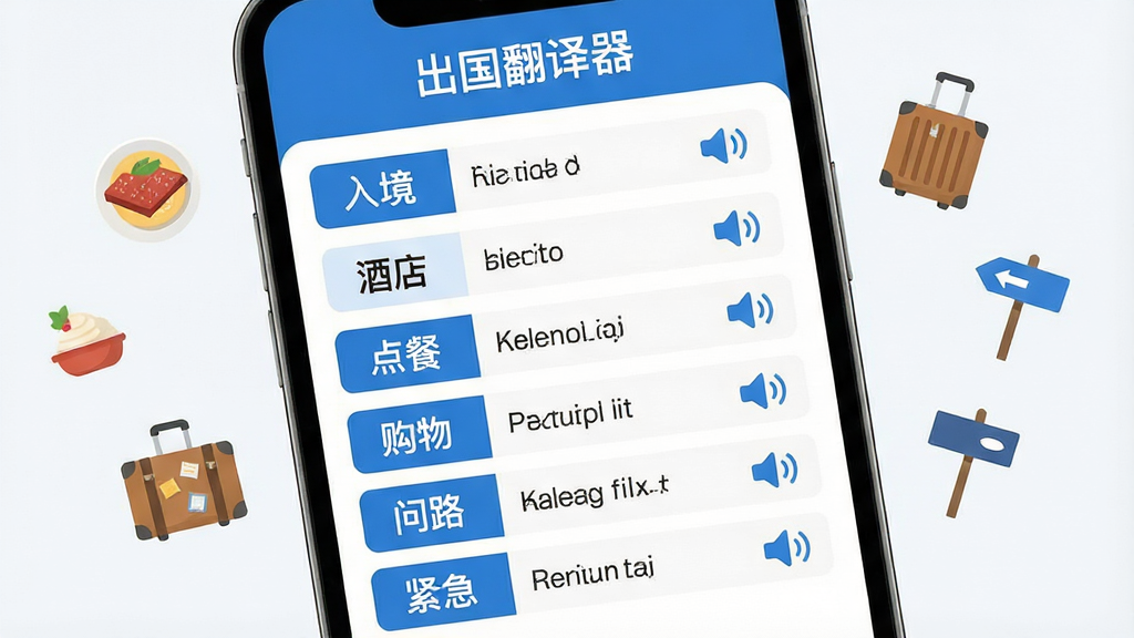一个手机屏幕特写,显示“出国翻译器”的短语手册界面,分类标签有“入境”“酒店”“点餐”“购物”“问路”“紧急”,每个分类下有几条常用短语和一个小喇叭图标,界面设计简洁,以蓝色和白色为主色调,文字清晰,周围漂浮着一些美食、行李箱、路标的小图标作为装饰,扁平化UI风格,画面干净利落,无杂乱元素,画质高清