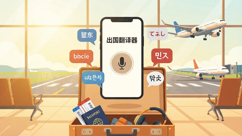 一个阳光明媚的机场候机大厅场景,画面中央悬浮着一部智能手机,手机屏幕亮起显示“出国翻译器”应用界面,界面中间是一个醒目的麦克风按钮,周围环绕着中文、英文、日文、韩文等多国语言气泡图标,手机下方是一个打开的行李箱,箱子里装着护照、机票和一副耳机,背景远处有飞机跑道和起飞的客机,整体色调温暖明亮,扁平化插画风格,细节干净利落,无多余元素,画质清晰