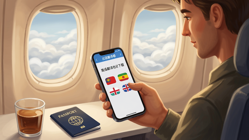 一个旅行者坐在飞机客舱内,窗外是云层,他低头看着手机上的“出国翻译器”应用界面,屏幕显示“离线翻译包已下载”的提示和几个国家的国旗图标,旁边放着一本护照和一杯饮料,机舱内光线柔和,整体风格为温馨的写实插画,重点突出手机屏幕的离线功能界面,画面干净整洁,无多余装饰