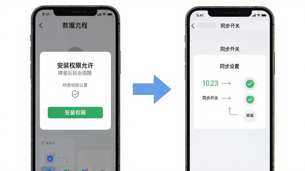 律客云新手操作指引图,手机屏幕显示安装权限允许界面和同步开关设置页面,背景是简洁的白色界面,有箭头指示操作步骤,风格教程类,细节清晰,画质干净无多余元素