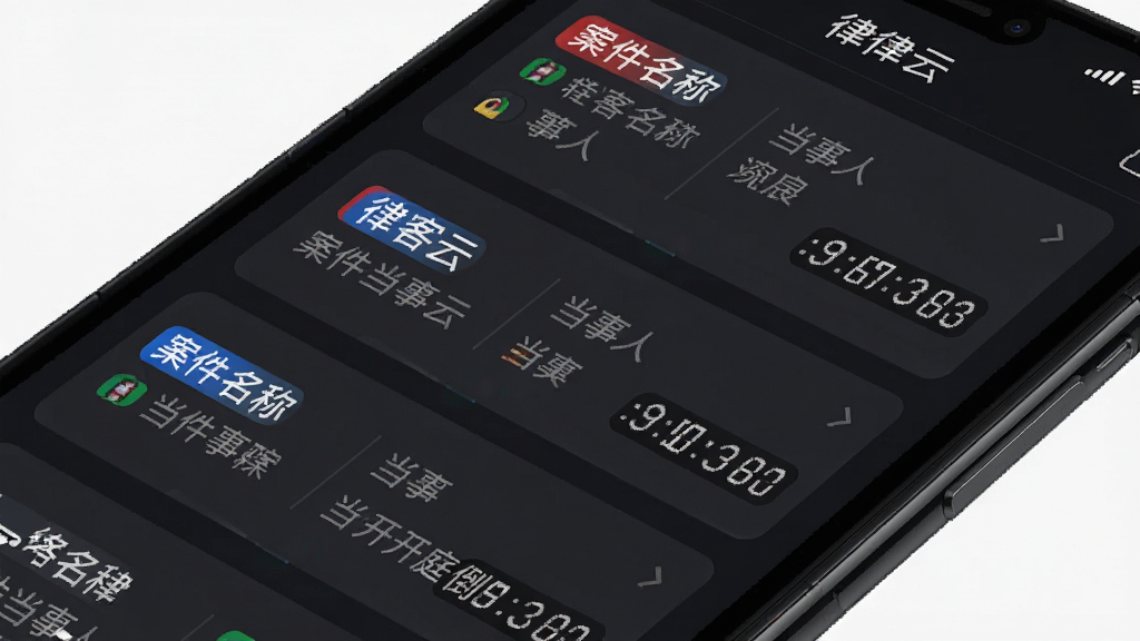律客云案件管理功能界面特写,手机屏幕显示案件列表,每个案件卡片带有红蓝绿不同颜色标签,卡片上显示案件名称、当事人、开庭倒计时,背景是深色模式下的界面,风格专业沉稳,细节清晰,画质干净无多余元素