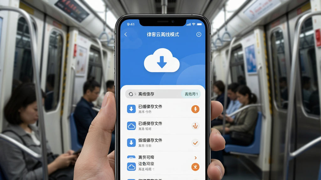 律客云离线模式界面,手机屏幕显示已缓存文件列表和离线可用标识,背景是地铁车厢或电梯间场景,手机屏幕上有云朵和下载箭头图标,风格生活化,细节清晰,画质干净无多余元素