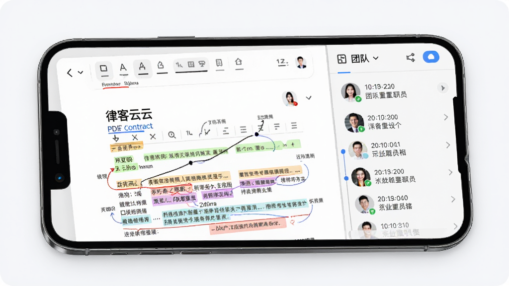 律客云文档协同界面,手机屏幕显示一份PDF合同文档,上面有批注高亮和修改痕迹,侧边栏显示团队成员头像和修改时间线,背景是干净的浅色界面,风格商务专业,细节清晰,画质干净无多余元素