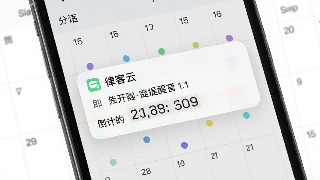 律客云日程提醒功能展示,手机屏幕弹出提醒通知,显示开庭提醒和倒计时,背景是日历视图,日期格子中有彩色圆点标记,风格简洁明快,细节清晰,画质干净无多余元素
