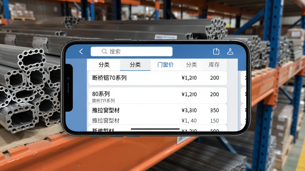 门窗宝型材五金管理界面,手机屏幕显示一个列表页面,列表中有断桥铝70系列、80系列、推拉窗型材等条目,每条旁边有单价和库存数量,屏幕顶部有搜索框和分类标签,手机平放在仓库的货架前,背景是整齐摆放的铝合金型材,风格为写实产品功能展示图,细节清晰,画质干净,无多余元素