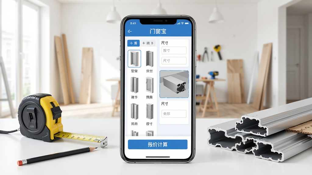 门窗宝应用主界面展示,画面中央是一个手机屏幕,屏幕里显示门窗设计软件的操作界面,有门窗型材选择区域、尺寸输入框、3D预览小窗和报价计算按钮,界面以蓝白配色为主,布局清晰,手机周围散落着卷尺、铅笔和几块铝合金型材样品,背景是明亮的室内装修场景,风格为写实产品展示图,细节丰富,画质干净清晰,无多余元素