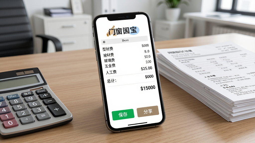 门窗宝智能报价功能界面,手机屏幕显示一张门窗报价单,上面有型材费、玻璃费、五金费、人工费等分项明细和总计金额,屏幕下方有保存和分享按钮,手机放置在办公桌上,旁边有计算器和一叠报价单,背景是整洁的办公室一角,风格为写实产品功能展示图,细节清晰,画质干净,无多余元素