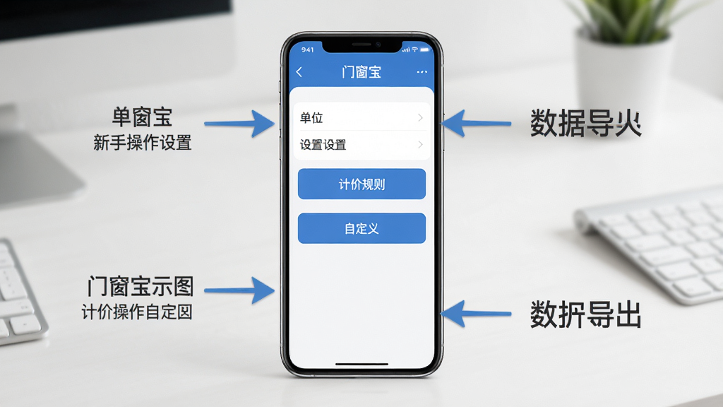 门窗宝新手操作示意图,手机屏幕显示门窗宝的设置界面,有单位设置、计价规则自定义、数据导出等选项,屏幕旁边有箭头标注和文字说明,背景是简洁的桌面环境,风格为写实产品引导图,细节清晰,画质干净,无多余元素