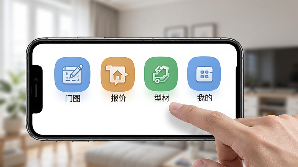门窗宝操作界面引导图,手机屏幕显示门窗宝的主界面,有画图、报价、型材、我的四个大图标按钮,每个按钮下方有文字说明,界面简洁明了,手机旁边有一只手正在点击屏幕,背景是模糊的室内环境,风格为写实产品交互展示图,细节清晰,画质干净,无多余元素