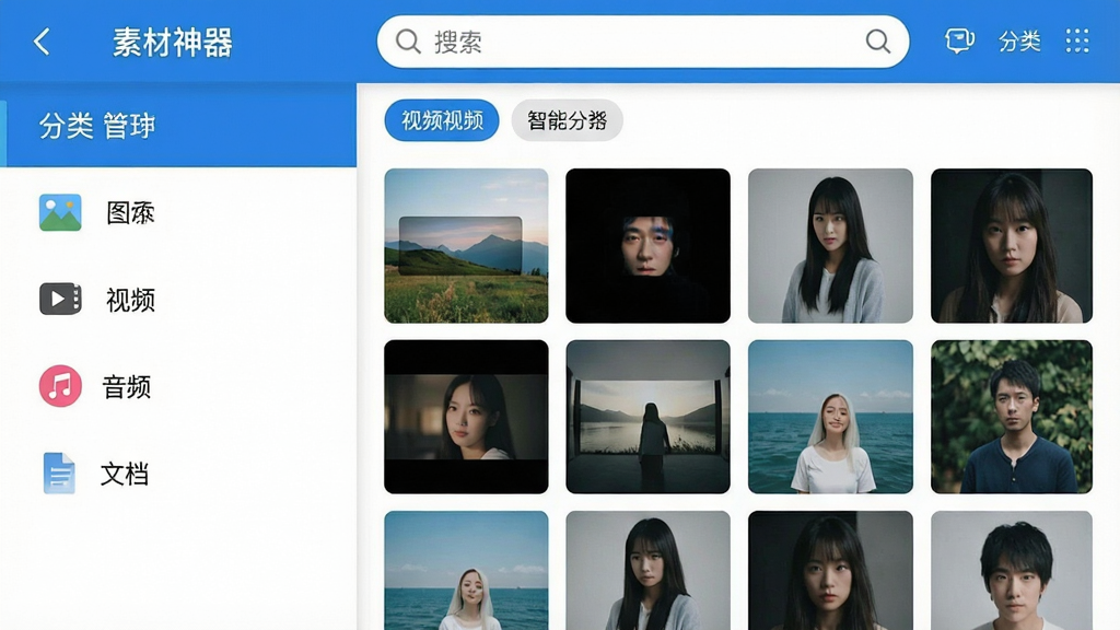 一张手机界面截图,展示“素材神器”的智能分类管理页面,左侧是分类导航栏显示图片、视频、音频、文档等类别,右侧是素材缩略图网格,顶部有搜索框和标签筛选按钮,界面风格清爽,蓝白配色,画质干净无多余元素