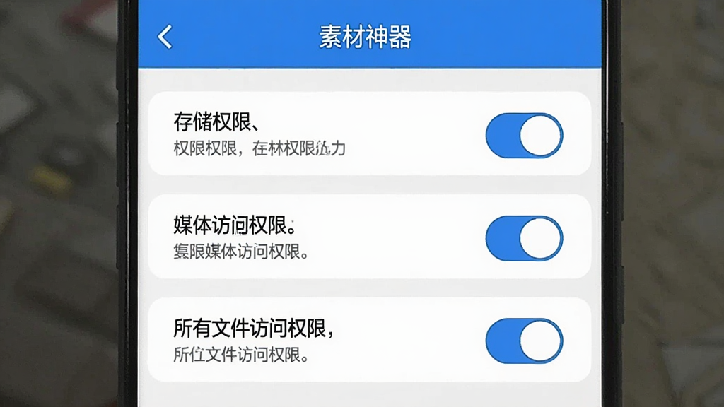 一张手机界面截图,展示“素材神器”的权限设置引导页面,画面中有存储权限、媒体访问权限、所有文件访问权限三个开关选项,每个选项旁边有说明文字,界面风格简洁,蓝白配色,画质干净无多余元素