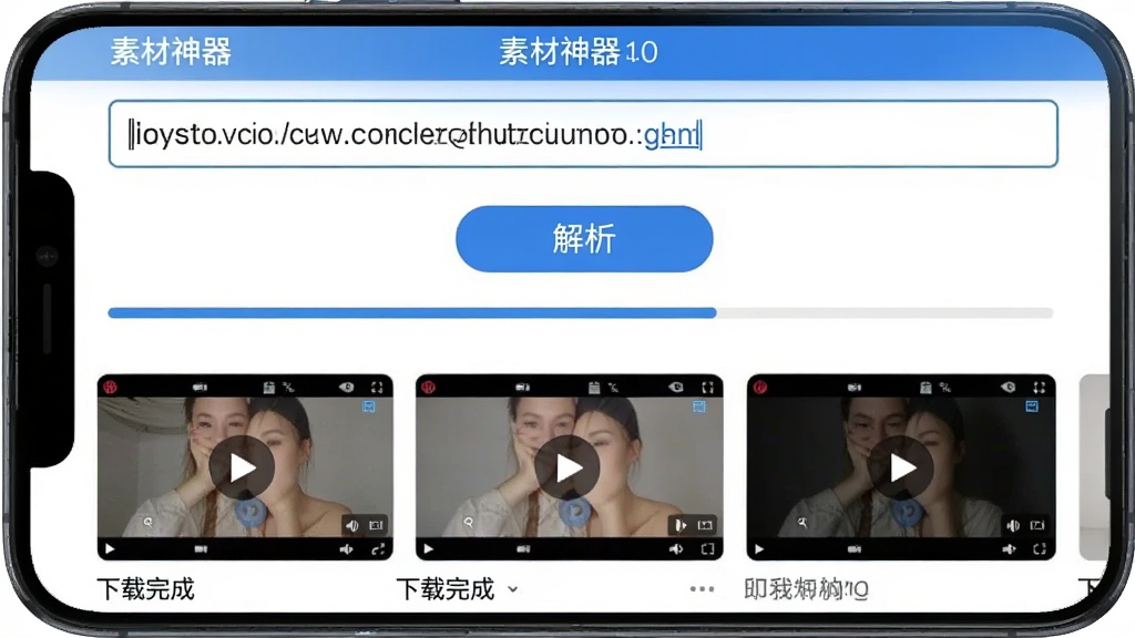 一张手机界面截图,展示“素材神器”的下载与解析功能页面,顶部有输入框显示已粘贴的链接,中间有解析按钮和进度条,底部显示下载完成的视频缩略图列表,界面风格简洁,蓝白配色,画质干净无多余元素