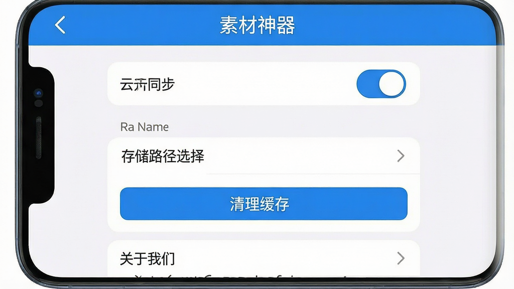 一张手机界面截图,展示“素材神器”的设置页面,包含云同步开关、存储路径选择、清理缓存按钮、关于我们入口,界面布局清晰,文字标签明确,蓝白配色,画质干净无多余元素