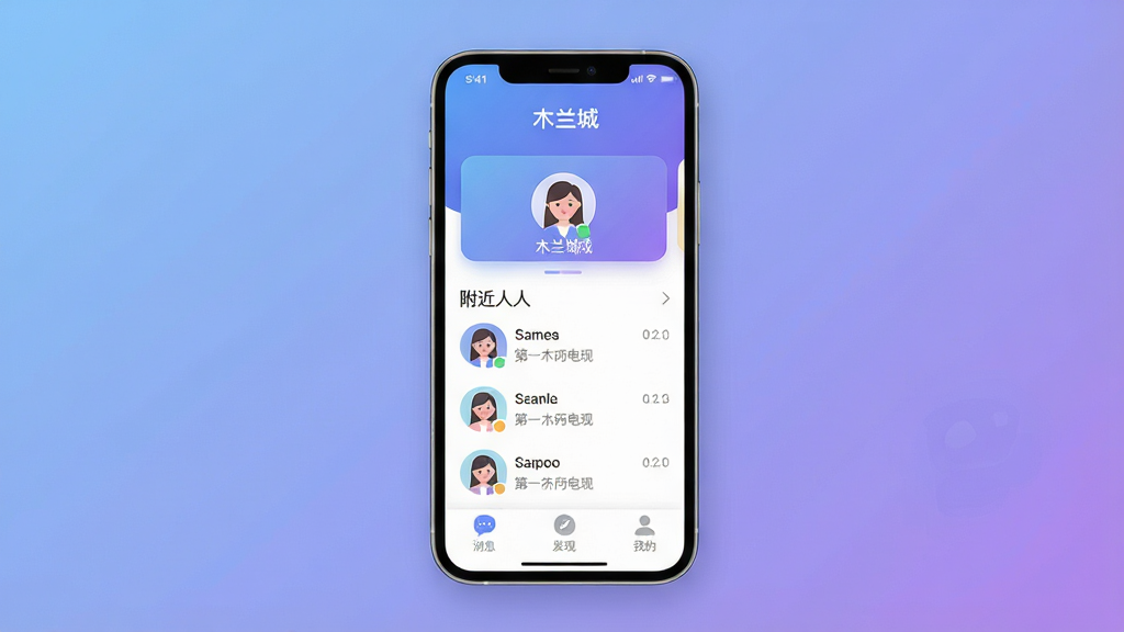 一张展示木兰城软件核心全貌的图片,主体是一个手机屏幕,屏幕中显示木兰城应用主界面,界面顶部有“木兰城”应用名称,中间是用户头像卡片和附近的人列表,底部有消息、发现、我的三个导航按钮。布局为居中展示手机,背景是柔和的渐变蓝紫色调,风格现代扁平化,细节上图标圆润,画质高清干净,无多余元素。