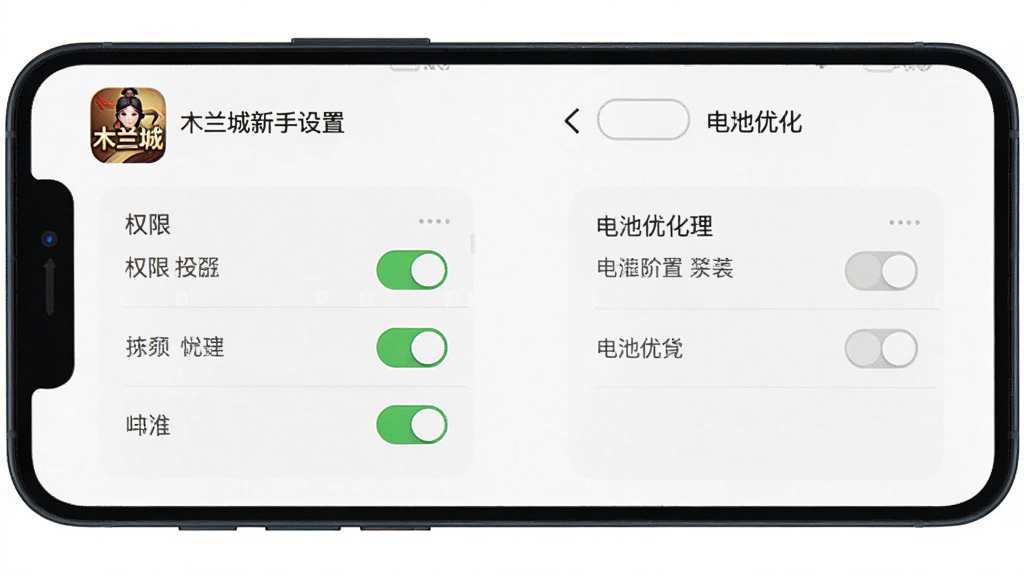 一张展示木兰城新手设置界面的图片,主体是手机屏幕显示权限设置和电池优化界面,屏幕上有“木兰城”应用图标,布局为手机正视,背景是白色,风格简洁教程风,细节上开关按钮清晰,文字标注明确,画质干净无多余元素。