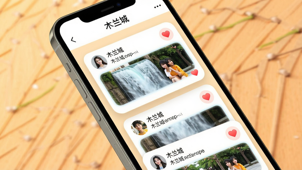 一张展示木兰城动态广场功能的图片,主体是手机屏幕显示瀑布流动态卡片,每张卡片有用户头像、文字内容和配图,屏幕顶部有“木兰城”标题栏。布局为手机倾斜展示,背景是暖色调,风格清新社交风,细节上卡片圆角柔和,点赞按钮有小红心,画质干净无多余元素。