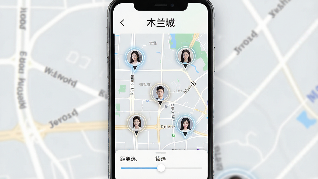 一张展示木兰城同城定位功能的图片,主体是手机屏幕上的地图界面,地图上显示多个用户头像标记,屏幕上方有“木兰城”文字,下方有距离筛选滑块。布局为手机居中,背景是浅灰色,风格简约科技感,细节上地图道路清晰,头像标记带光圈效果,画质干净无多余元素。