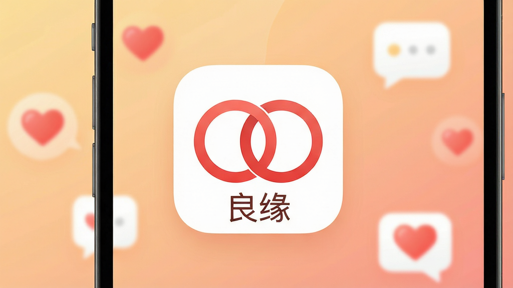 手机屏幕特写,画面中央是“良缘”App的图标,图标设计为两个简约的红色圆环交织在一起,下方显示“良缘”中文名称。背景为柔和的暖色调渐变,周围散落着一些模糊的爱心和聊天气泡图标。布局简洁,主体突出。风格现代扁平,细节干净,画质清晰,无多余元素。