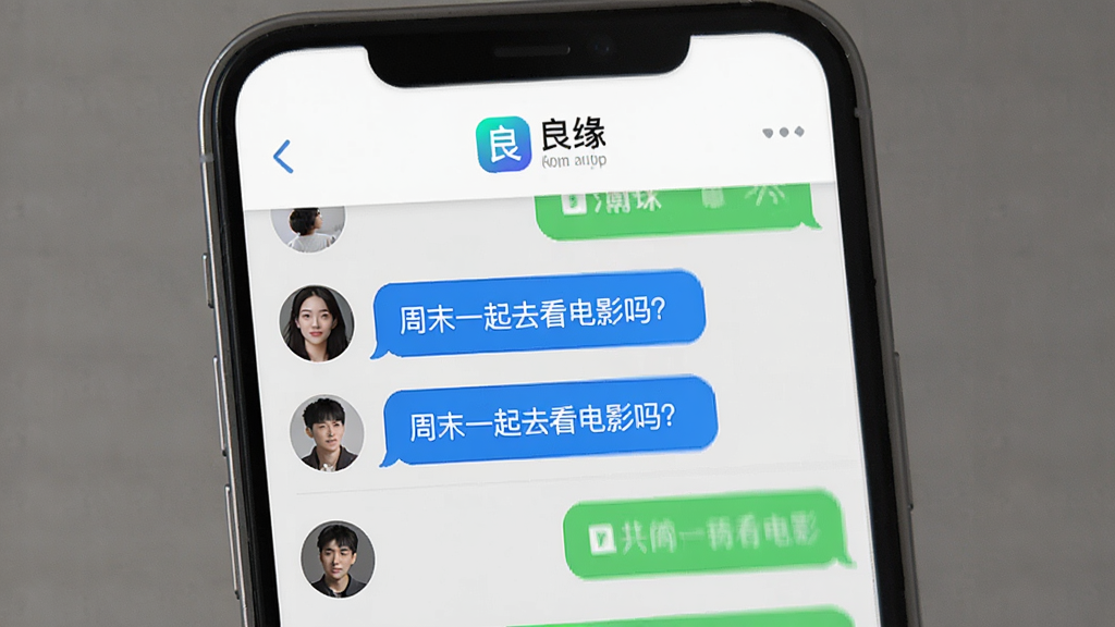 手机聊天界面截图,顶部显示“良缘”App的Logo,聊天列表中有几个头像,其中一个对话气泡显示“周末一起去看电影吗?”。界面以白色和浅灰色为主,气泡为蓝色和绿色,布局干净整洁,风格简约现代,画质清晰,无多余元素。