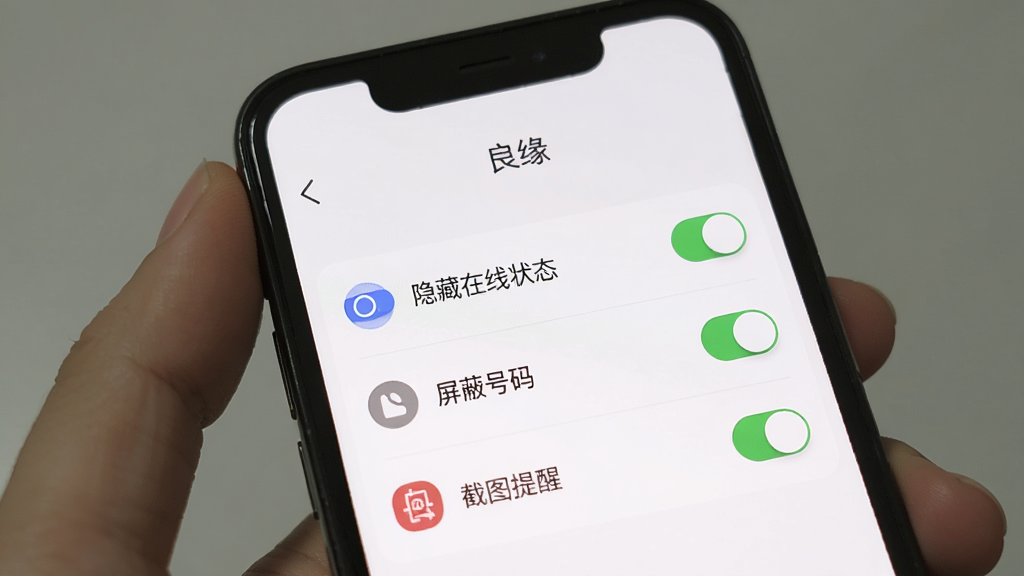 手机屏幕显示“良缘”App的隐私设置页面,有“隐藏在线状态”、“屏蔽号码”、“截图提醒”等选项,每个选项旁边有开关按钮。界面设计简洁,以白色为主,图标清晰。风格扁平化,画质干净,无多余元素。