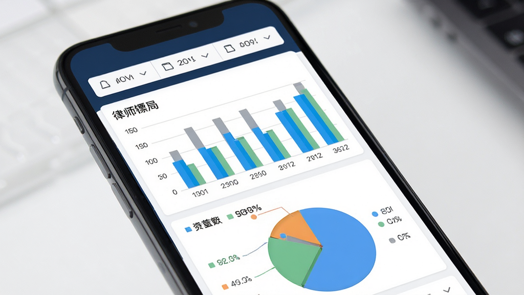律师镖局 数据统计看板界面 手机屏幕显示柱状图和饼图 图表旁有数据标签 顶部有月份筛选器 布局为上下结构 风格现代数据可视化 细节清晰 画质干净 无多余元素