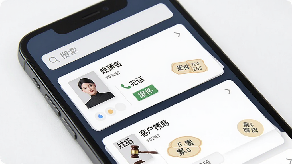 律师镖局 客户信息管理界面 手机屏幕显示客户档案卡片 卡片上有姓名、电话图标和案件标签 顶部有搜索框 布局为列表式 风格商务简洁 细节清晰 画质干净 无多余元素