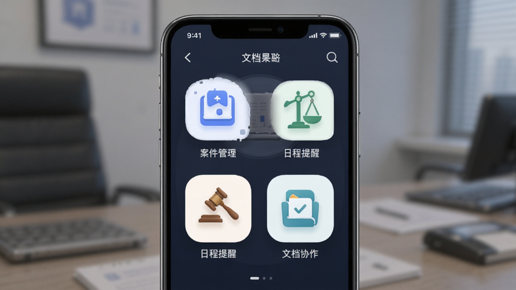 律师镖局 手机应用主界面 展示案件管理、日程提醒、文档协作三大核心功能模块的图标组合 布局为竖版手机屏幕 排版清晰 风格现代商务 细节圆润 画质干净 无多余元素