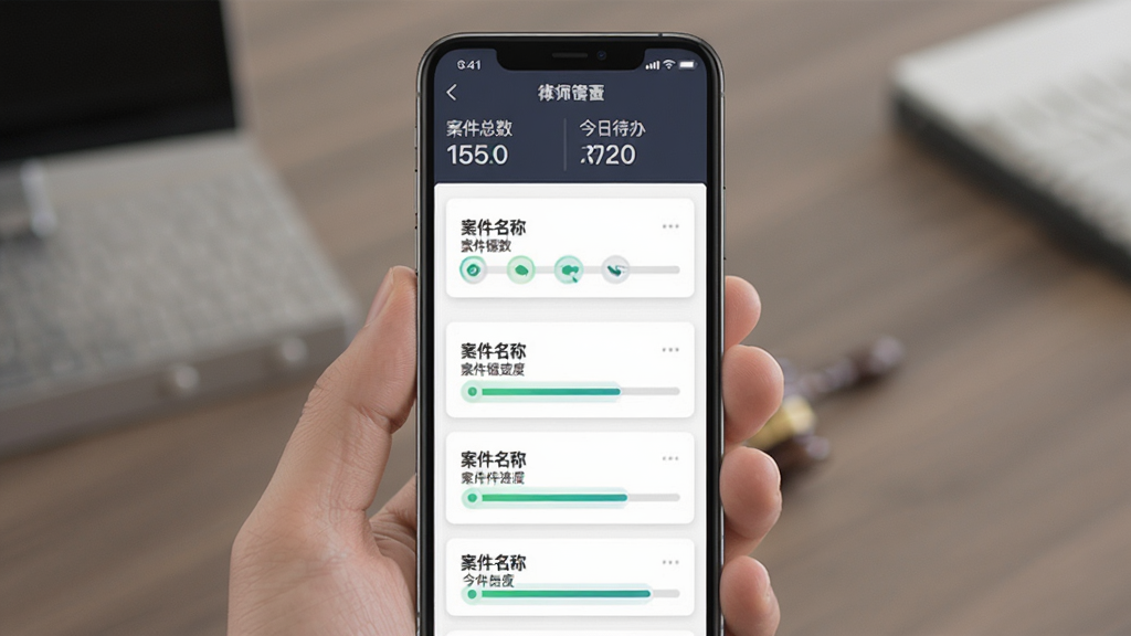 律师镖局 案件管理界面 主体为手机屏幕 布局顶部显示案件总数和今日待办 中间是案件列表卡片 每个卡片标注案件名称和进度条 排版整齐 风格简洁商务 细节清晰 画质干净 无多余元素